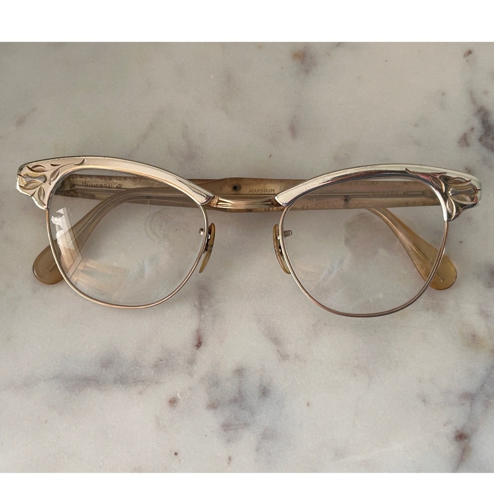 Vintage MCM 1950s Universal Optical Aluminum Cat Eye Glasses Frame 1/10 12K GF